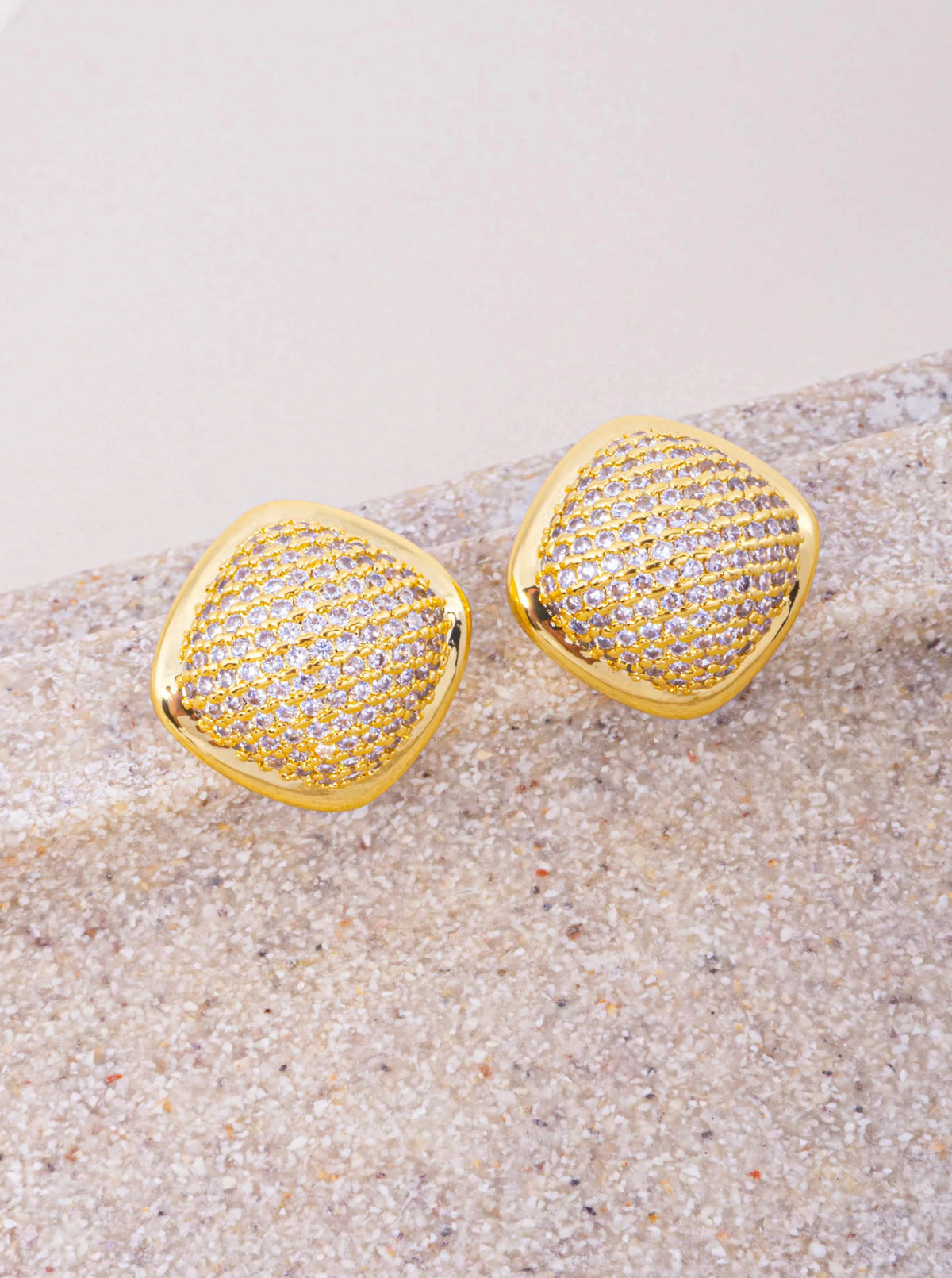 18K Gold Dipped CZ Pave Square Dome Stud Earrings - Gold Crystal