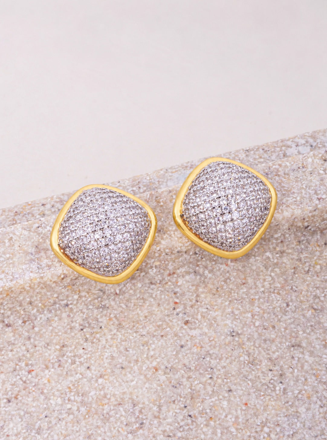 18K Gold Dipped CZ Pave Square Dome Stud Earrings - Gold Rhodium