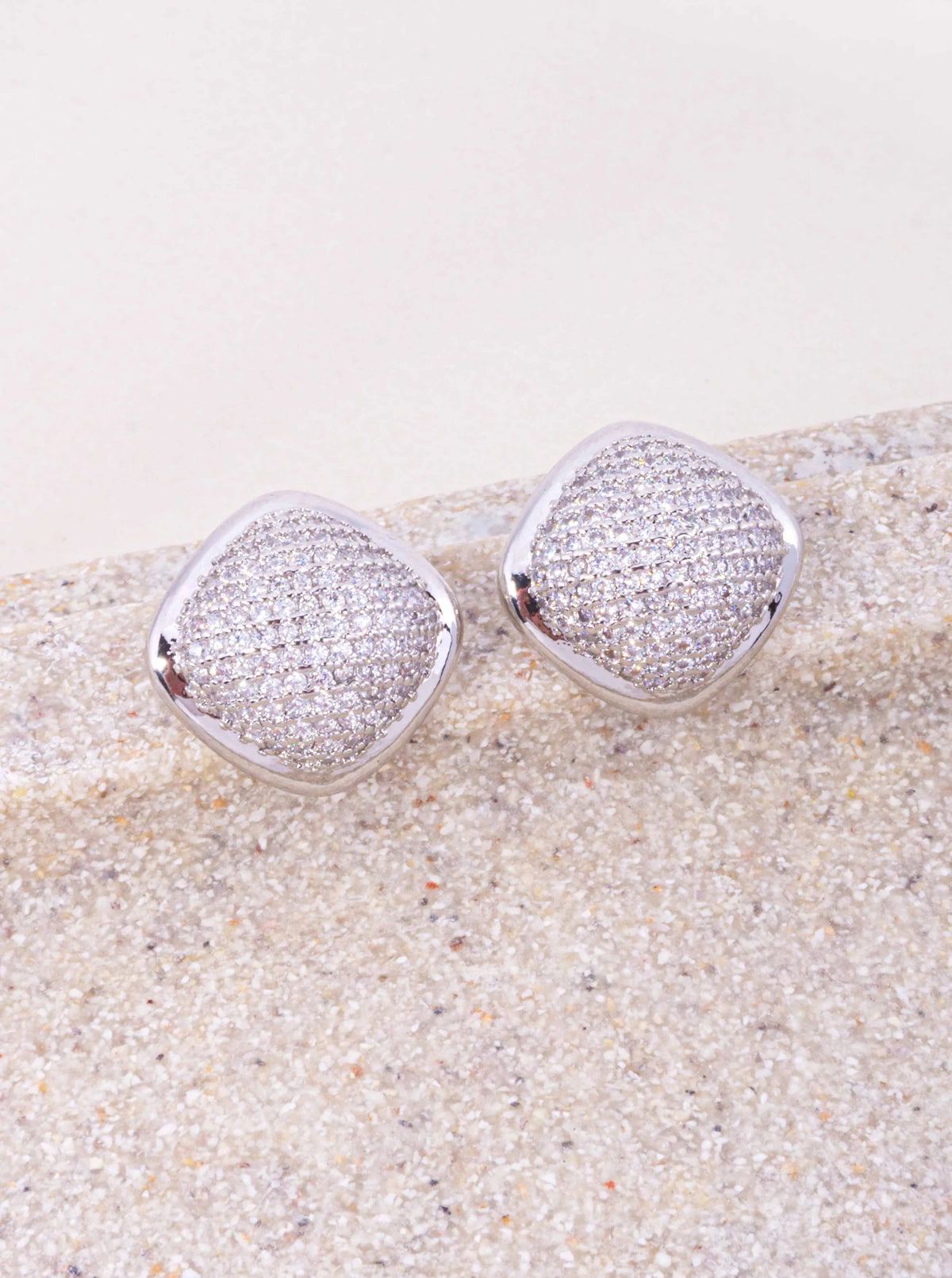 18K Gold Dipped CZ Pave Square Dome Stud Earrings - Rhodium Crystal