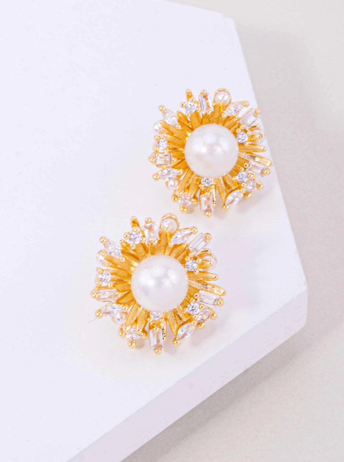14K Gold Dipped CZ Pearl Starburst Stud Earrings - Gold Crystal