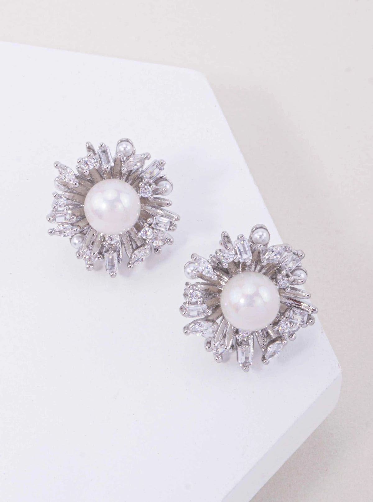 14K Gold Dipped CZ Pearl Starburst Stud Earrings - Rhodium Crystal