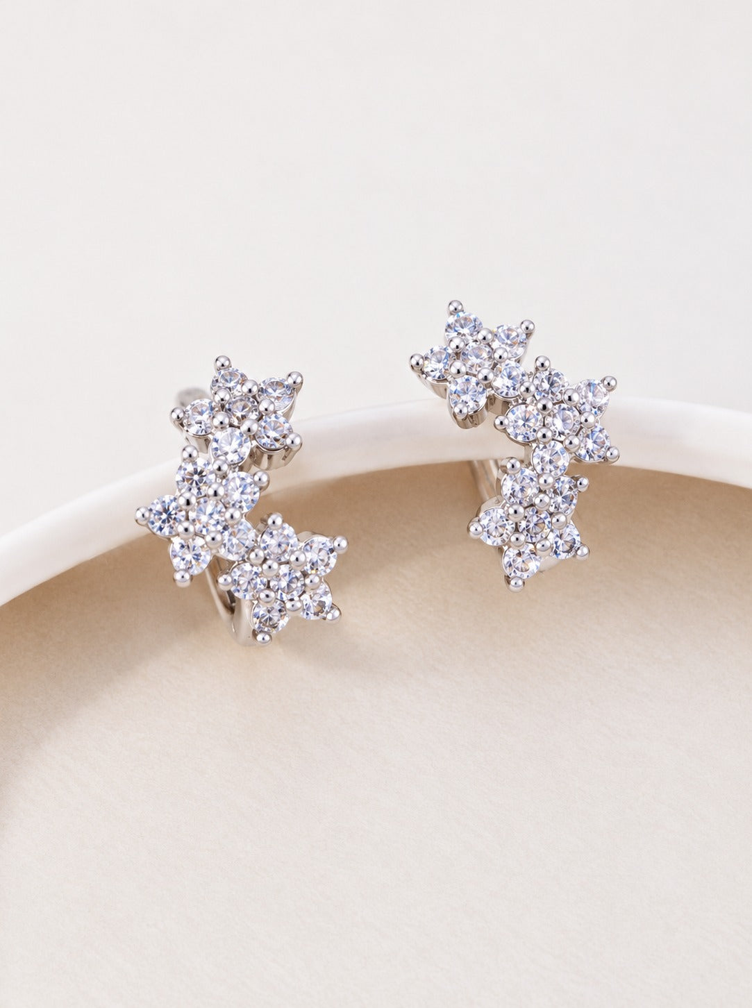 18K Gold Dipped CZ Floral Cluster Huggie Earrings - Rhodium Crystal