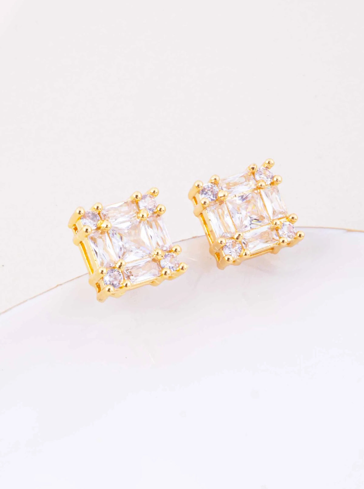 18K Gold Dipped CZ Geometric Square Stud Earrings - Gold Crystal