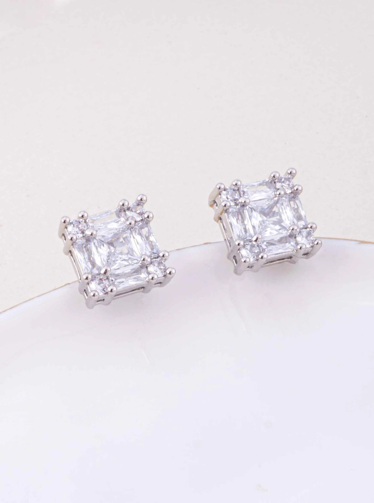 18K Gold Dipped CZ Geometric Square Stud Earrings - Rhodium Crystal