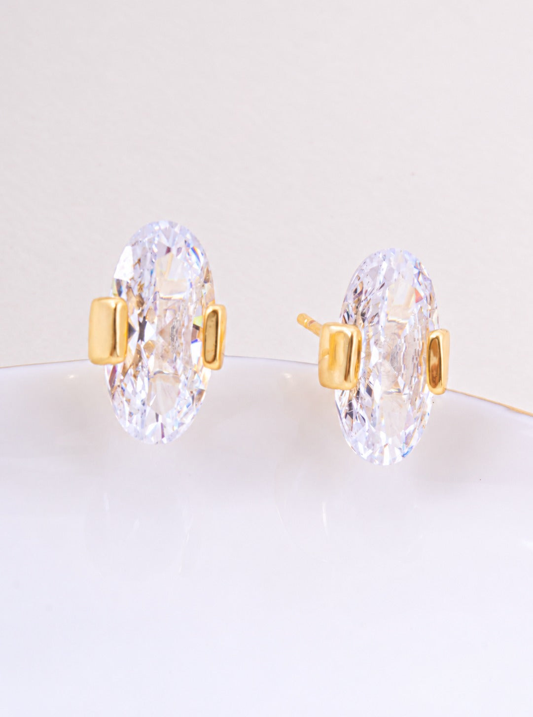 18K Gold Dipped CZ Oval Cut Stud Earrings - Gold Crystal