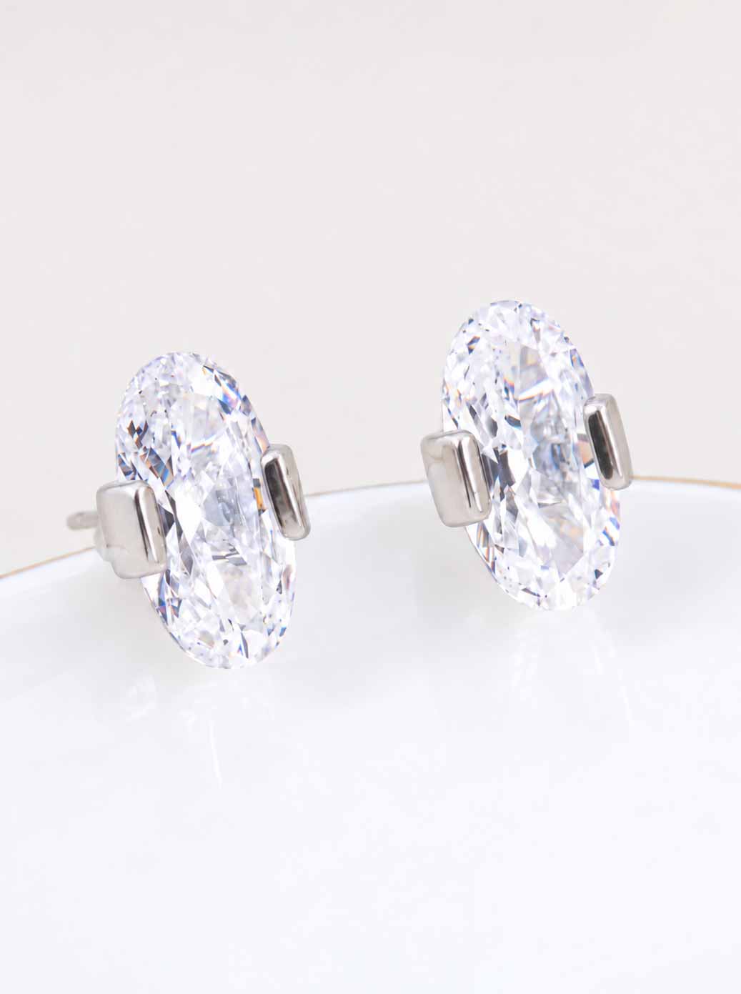18K Gold Dipped CZ Oval Cut Stud Earrings - Rhodium Crystal
