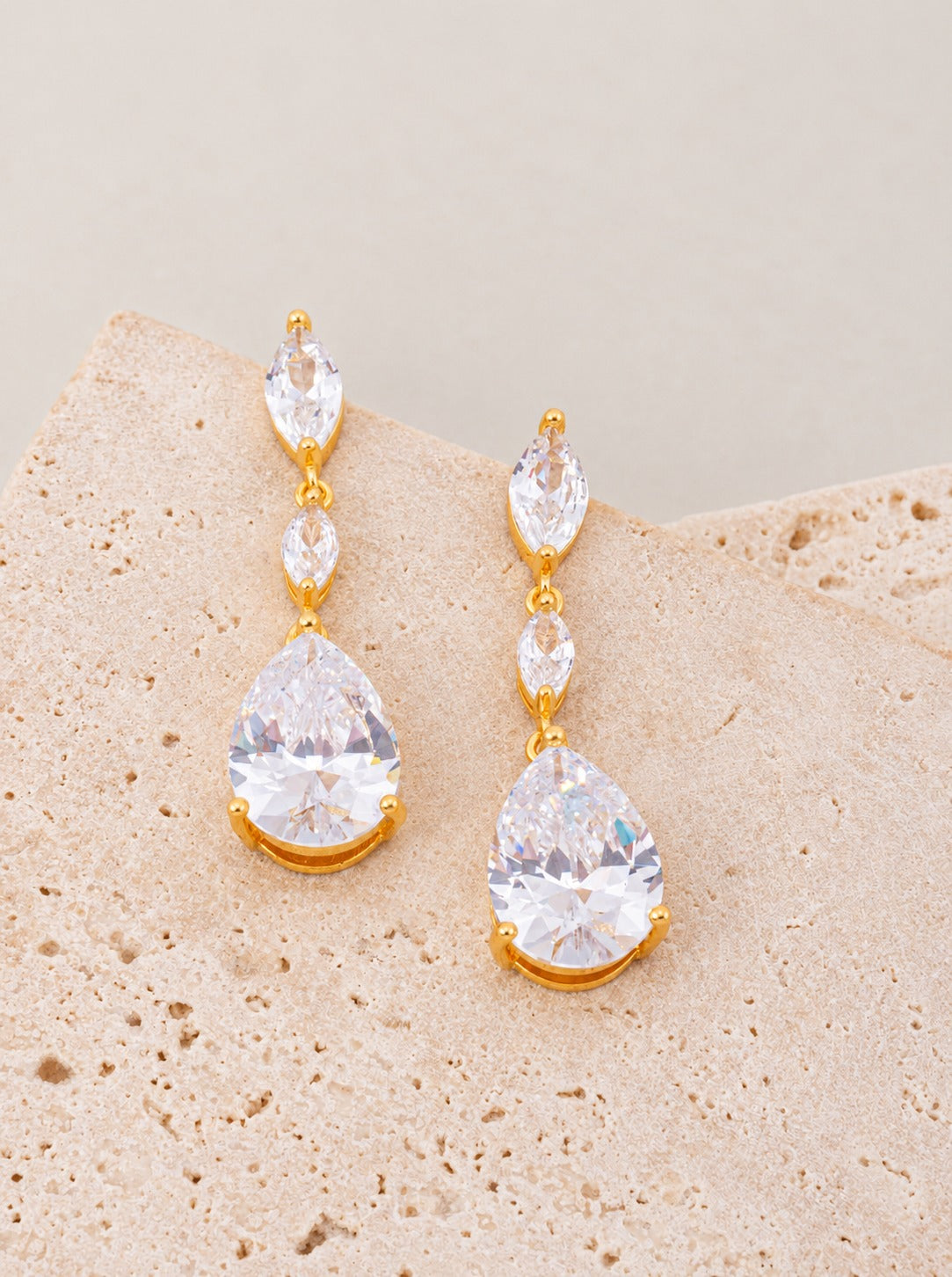 18K Gold Dipped CZ Marquise Teardrop Drop Earrings - Gold Crystal