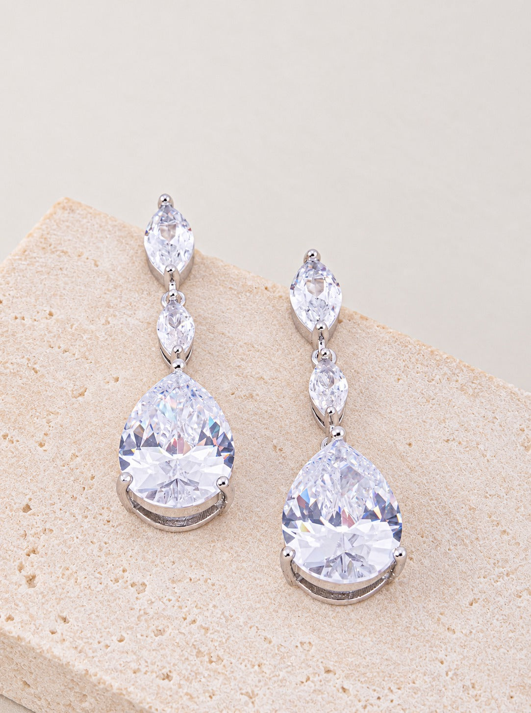 18K Gold Dipped CZ Marquise Teardrop Drop Earrings - Rhodium Crystal