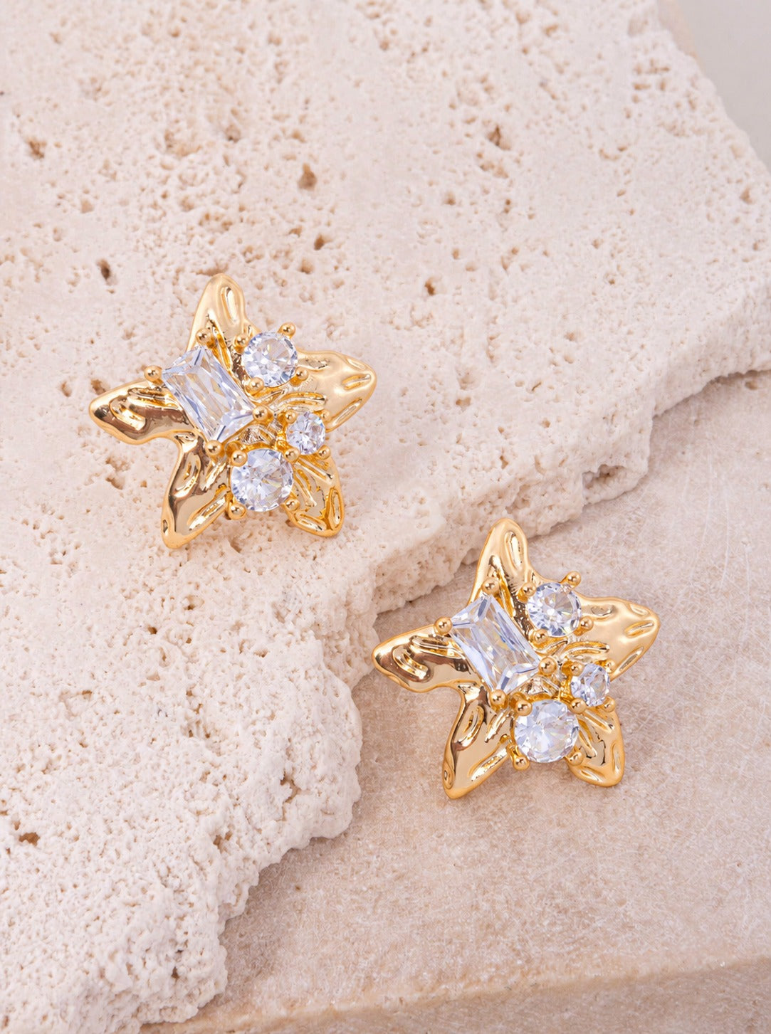 18K Gold Dipped CZ Star Cluster Stud Earrings - Gold Crystal