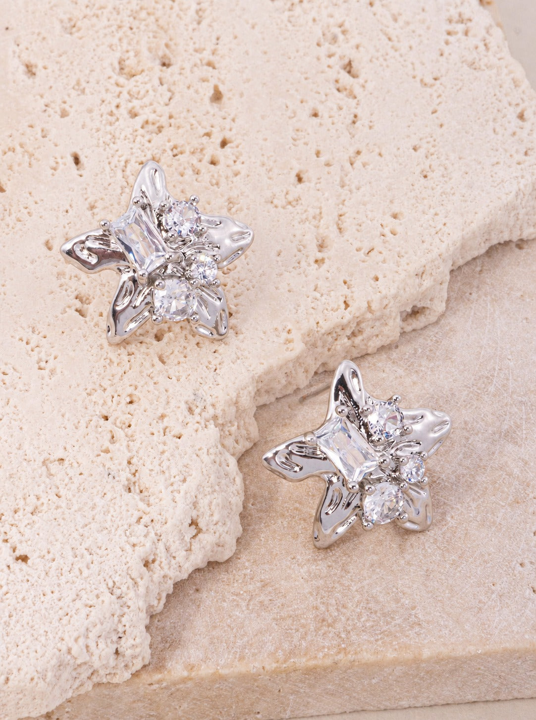 18K Gold Dipped CZ Star Cluster Stud Earrings - Rhodium Crystal