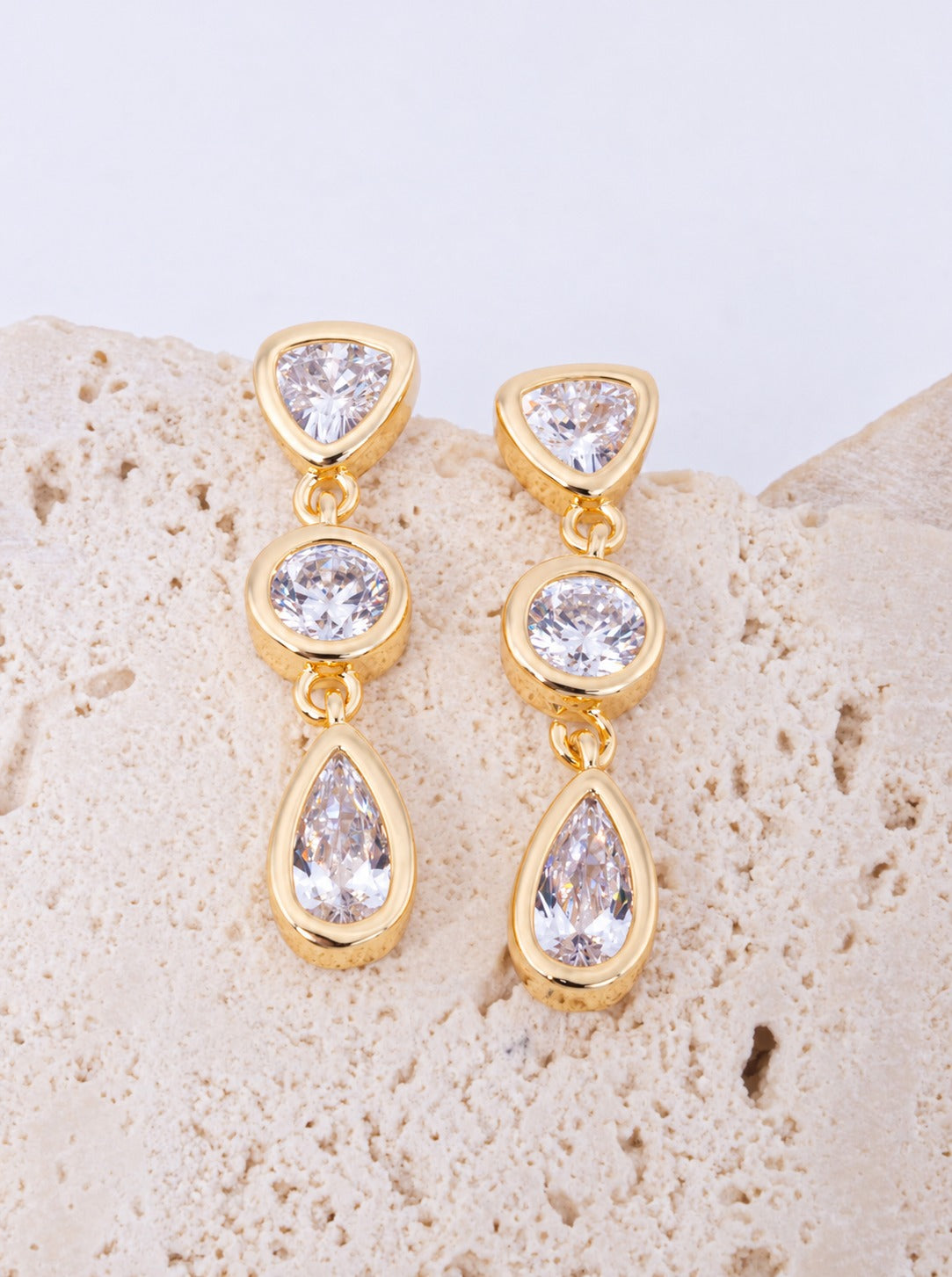 18K Gold Dipped CZ Triple Geometric Drop Earrings - Gold Crystal