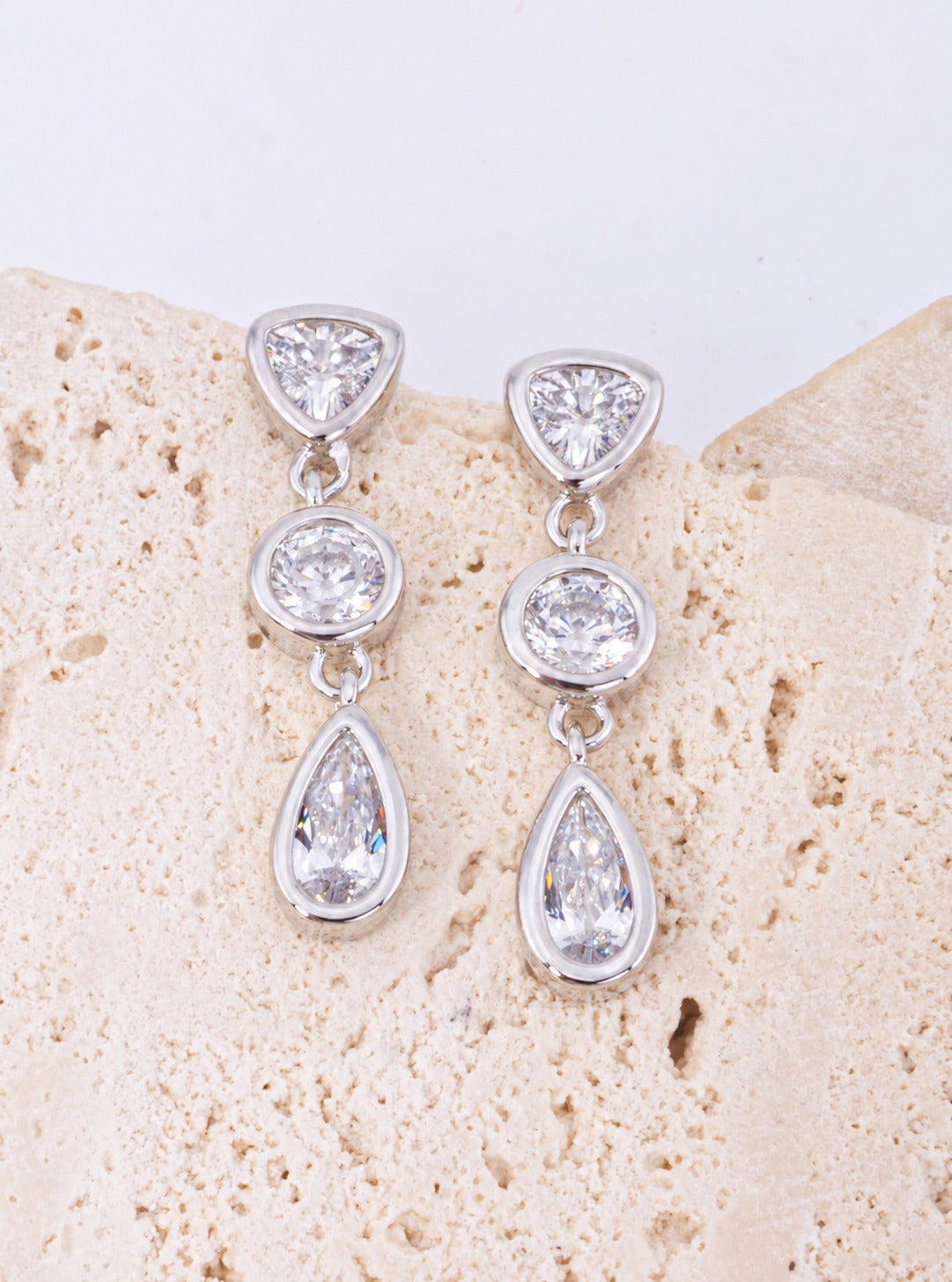 18K Gold Dipped CZ Triple Geometric Drop Earrings - Rhodium Crystal