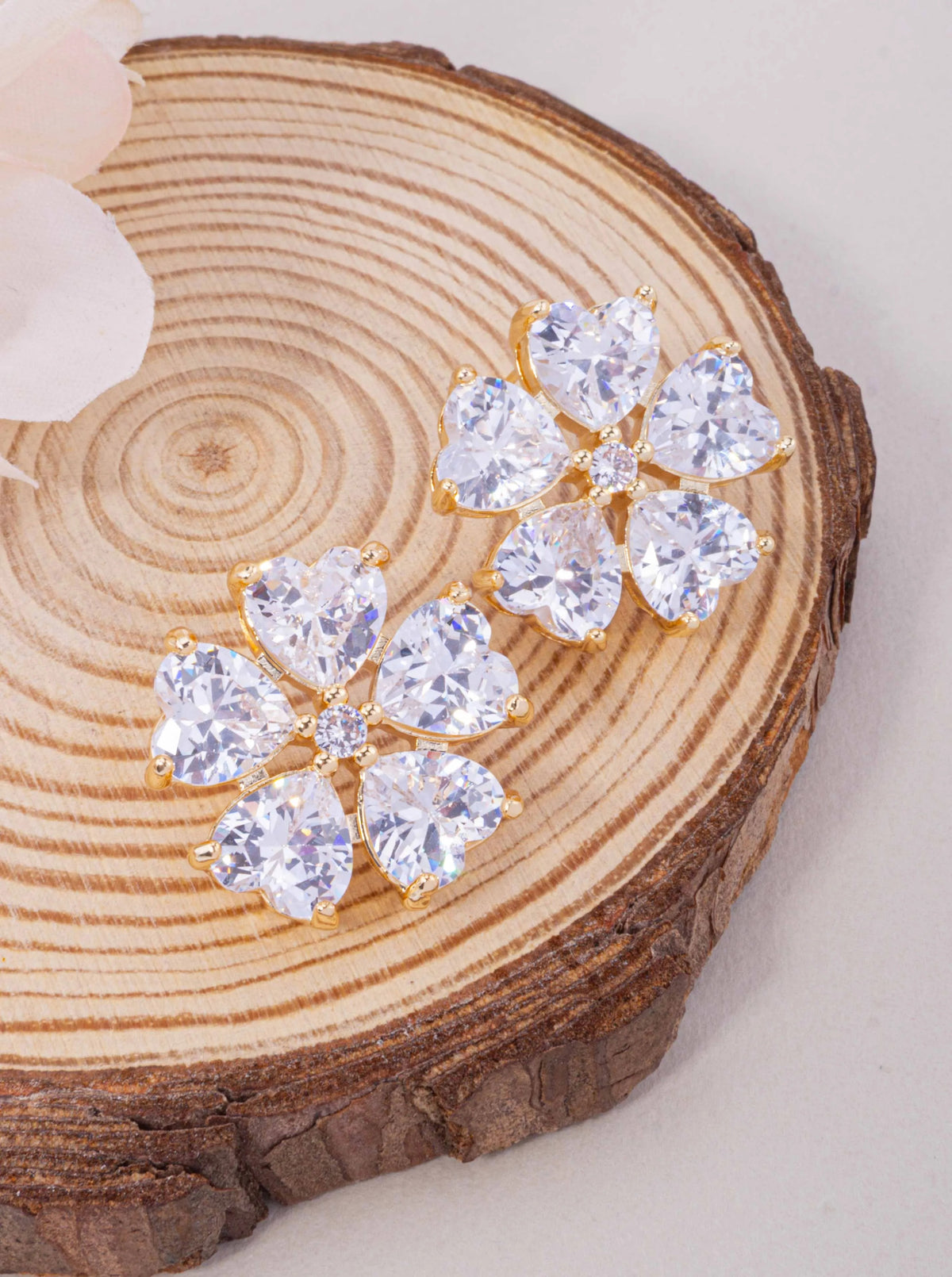 18K Gold Dipped CZ Heart Flower Stud Earrings - Gold Crystal