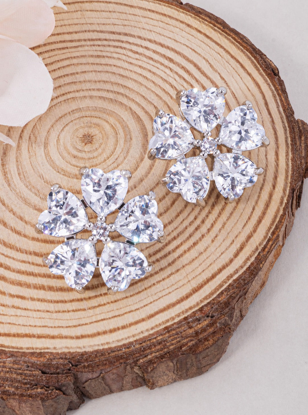 18K Gold Dipped CZ Heart Flower Stud Earrings - Rhodium Crystal