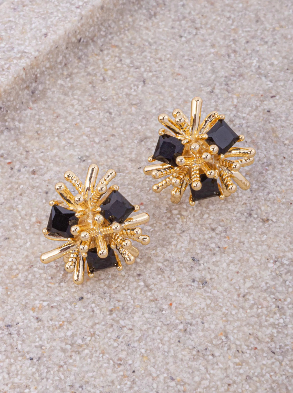 14K Gold Dipped CZ Starburst Stud Earrings - Gold Black