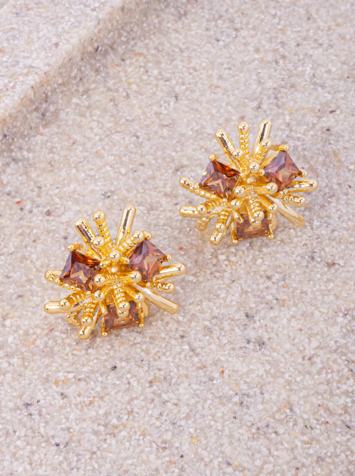 14K Gold Dipped CZ Starburst Stud Earrings - Gold Brown