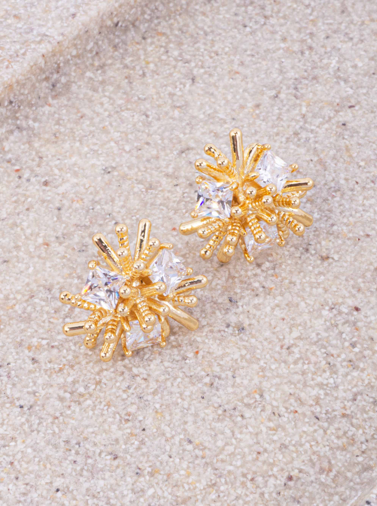 14K Gold Dipped CZ Starburst Stud Earrings - Gold Crystal