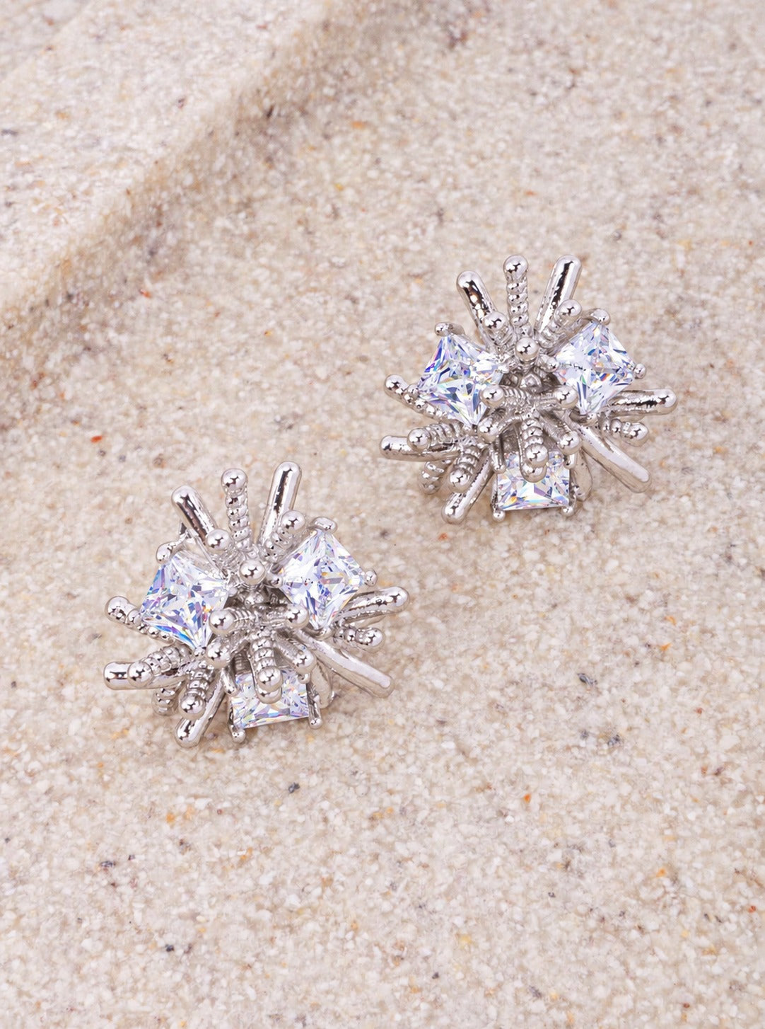 14K Gold Dipped CZ Starburst Stud Earrings - Rhodium Crystal