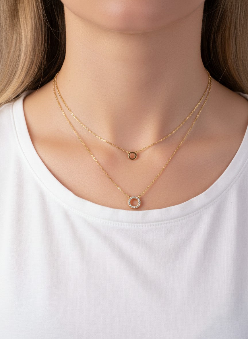 CZ Double Circle 18K-Gold-Dipped Layered Necklace