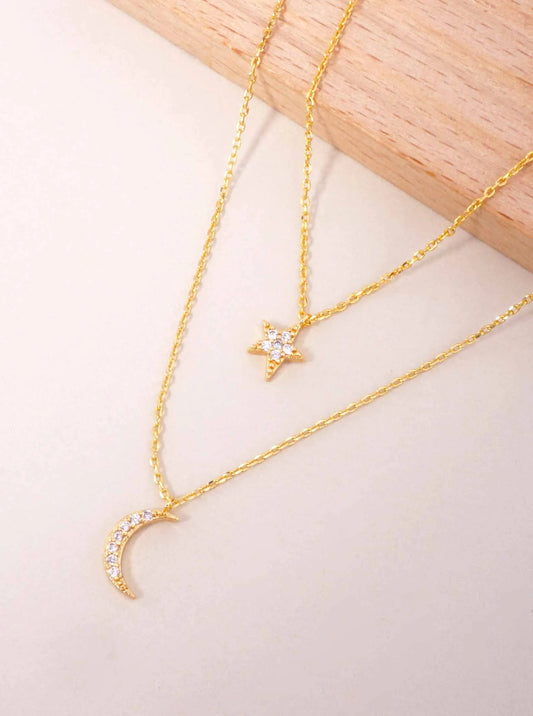 CZ Star Moon 18K-Gold-Dipped Layered Necklace