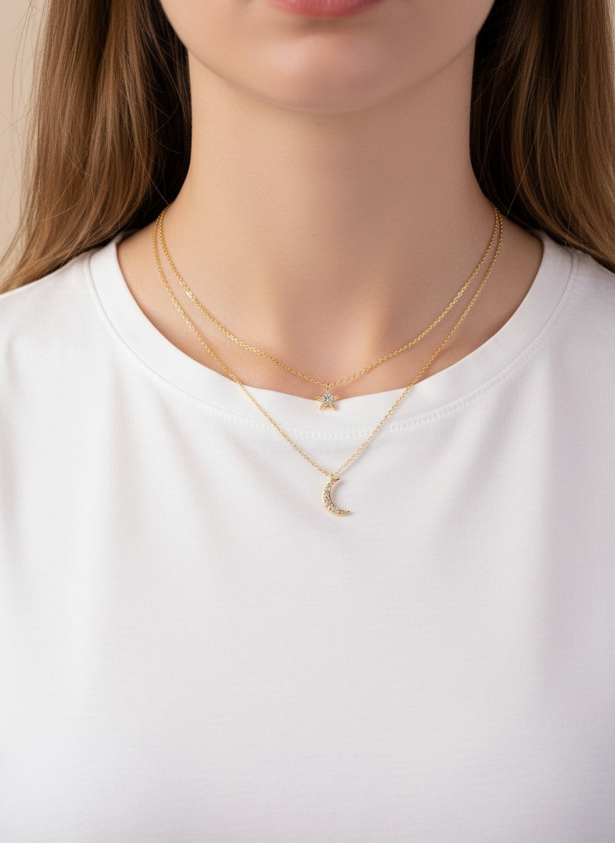 CZ Star Moon 18K-Gold-Dipped Layered Necklace