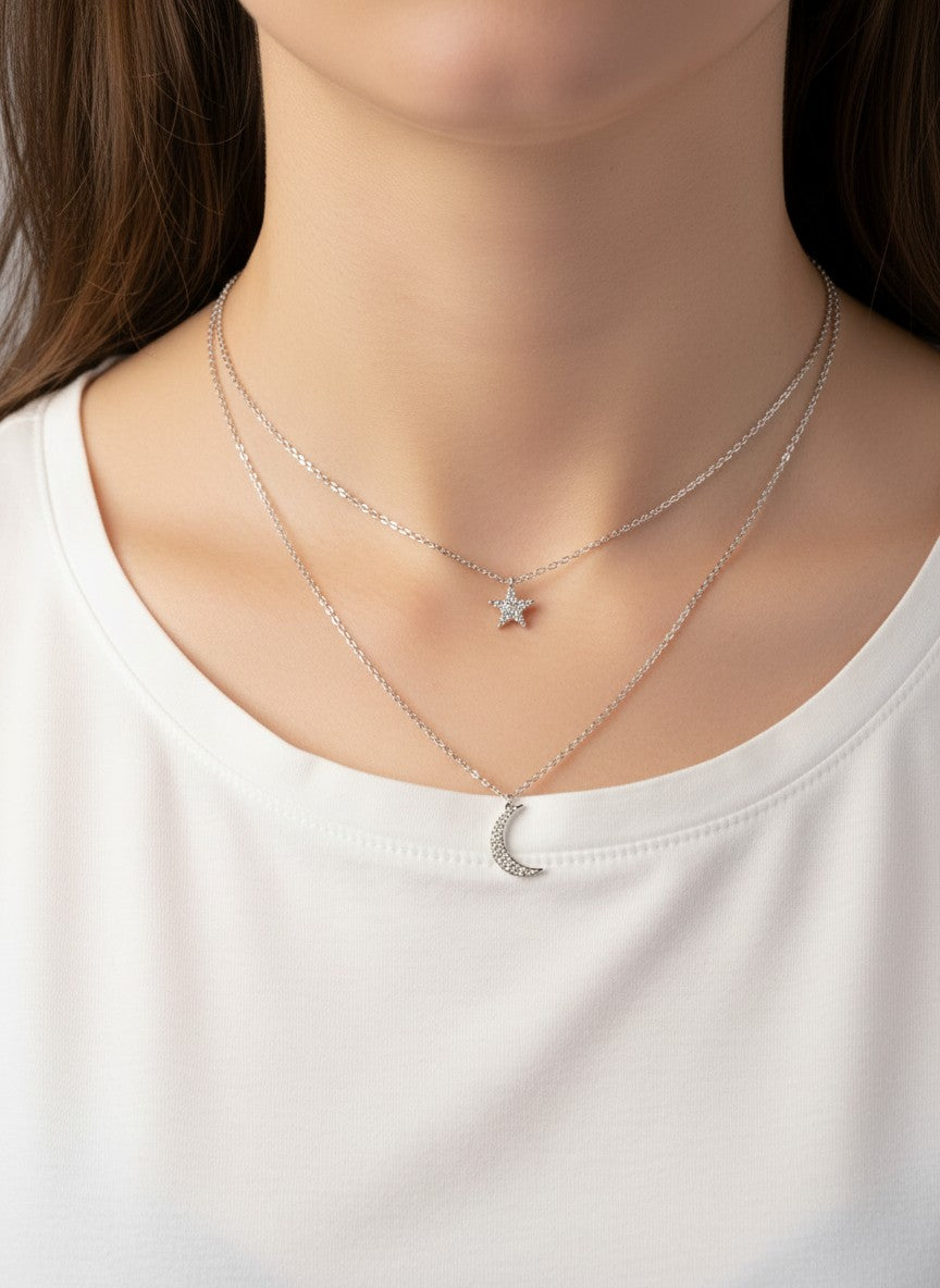 CZ Star Moon 18K-Gold-Dipped Layered Necklace