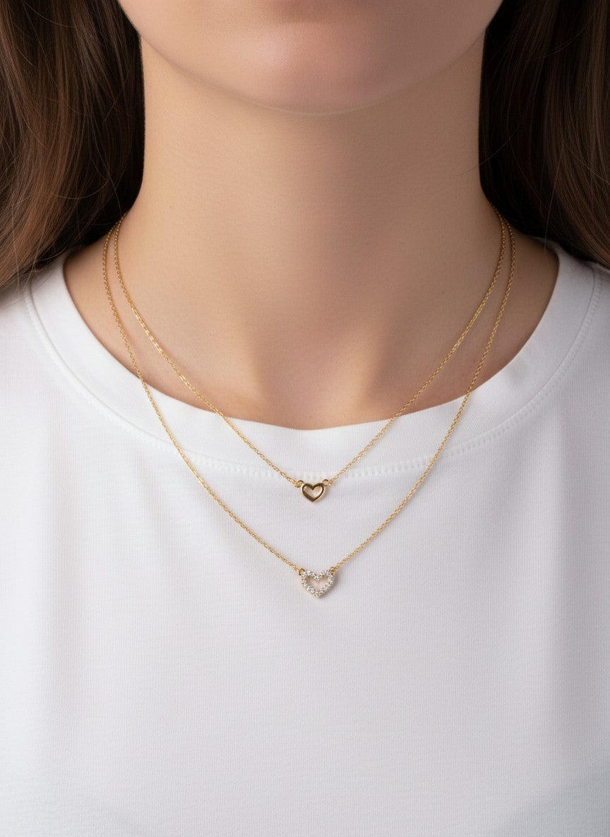 CZ Double Heart 18K-Gold-Dipped Layered Necklace