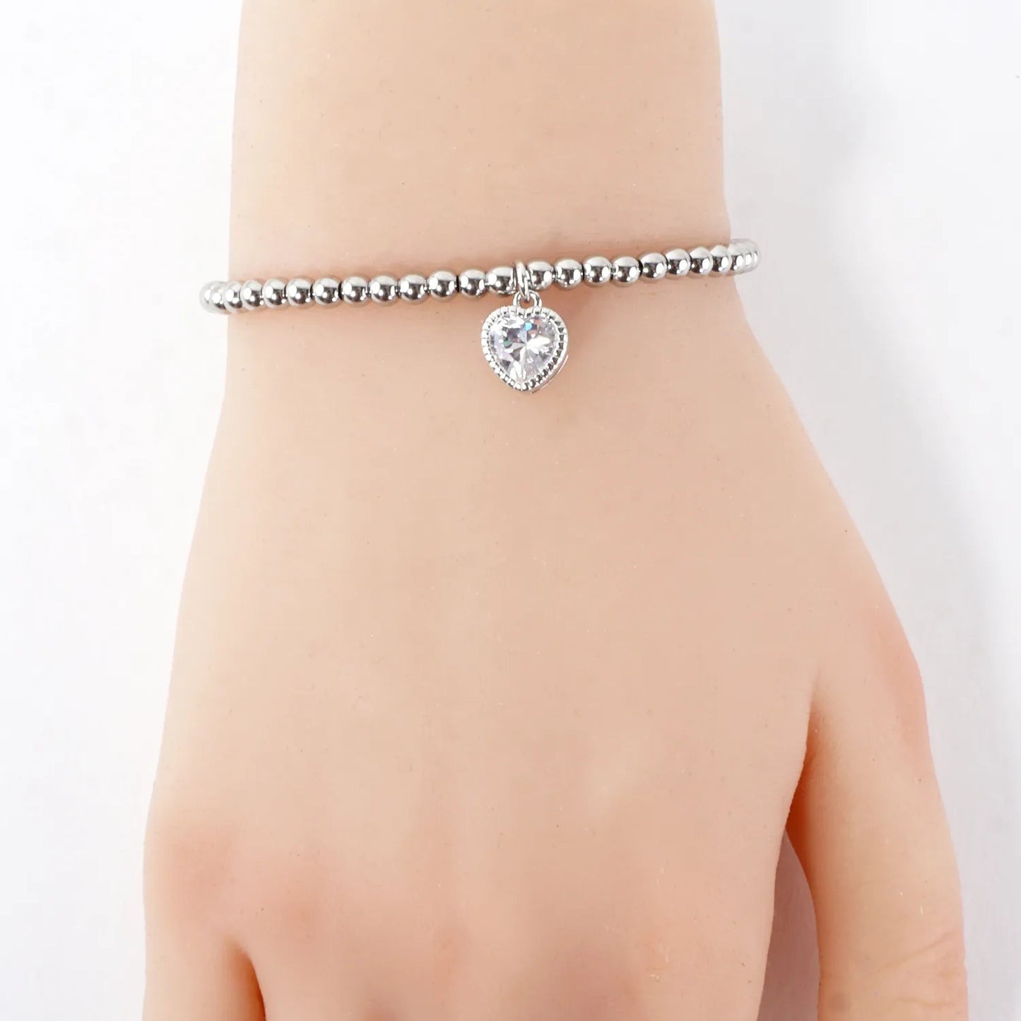Dainty CZ Heart Charm Stainless Steel Bracelet