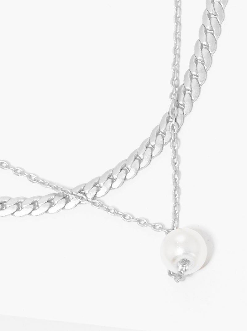 Dainty Glass Pearl Pendant Layered Chain Choker Necklace