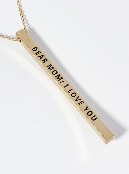 Dear Mom I Love You Engraved Vertical Bar Pendant Inspirational Necklace