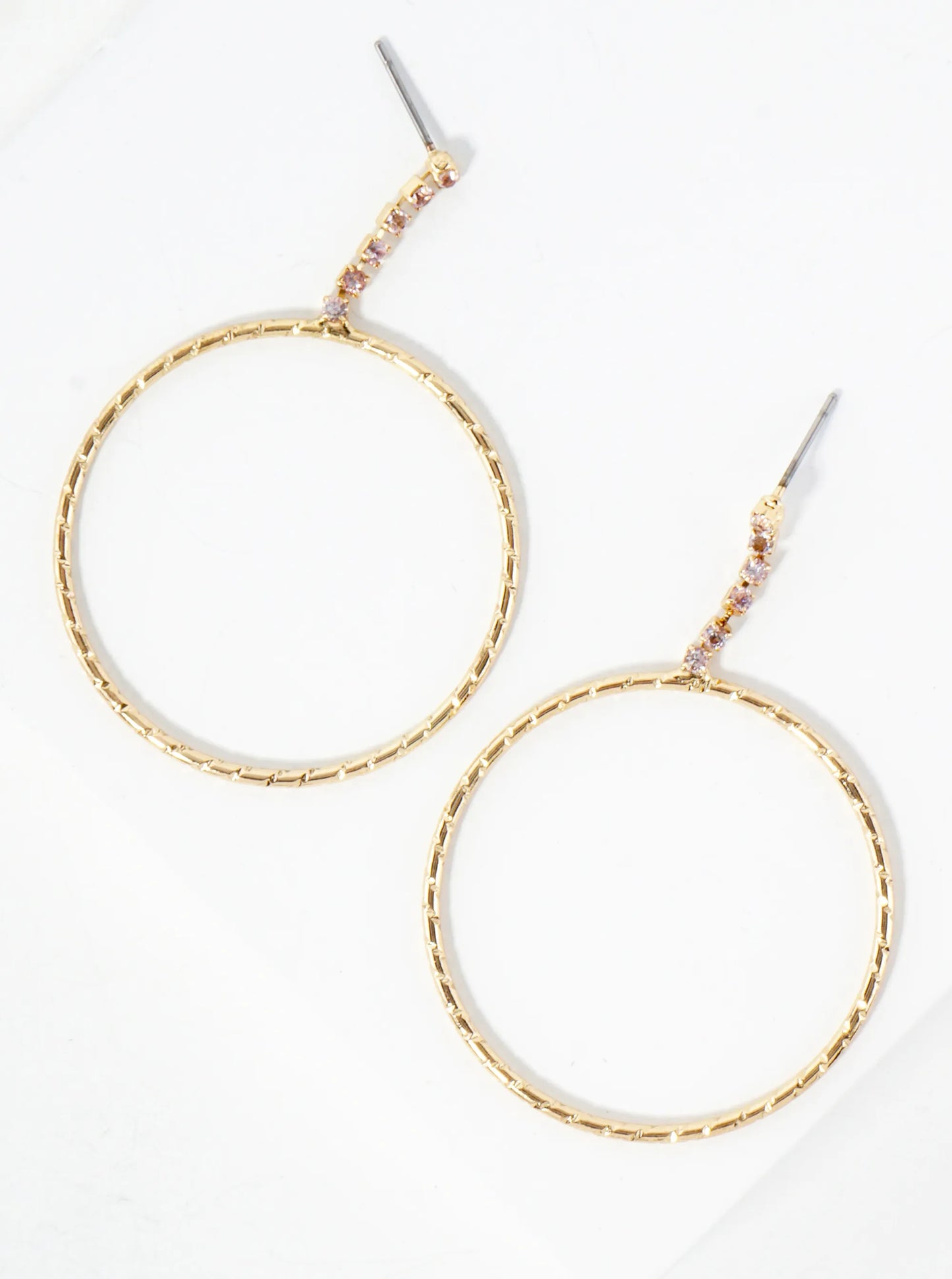 Delicate Crystal Chain Drop Textured Circle Earrings