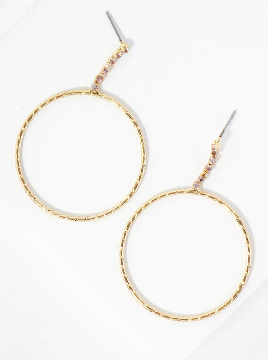 Delicate Crystal Chain Drop Textured Circle Earrings