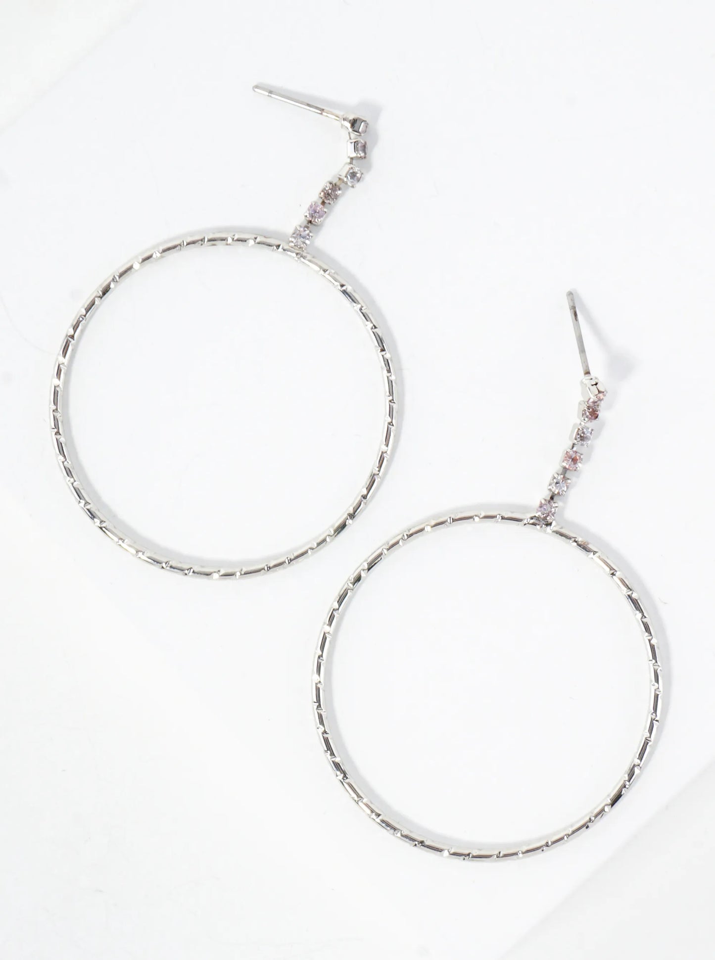 Delicate Crystal Chain Drop Textured Circle Earrings