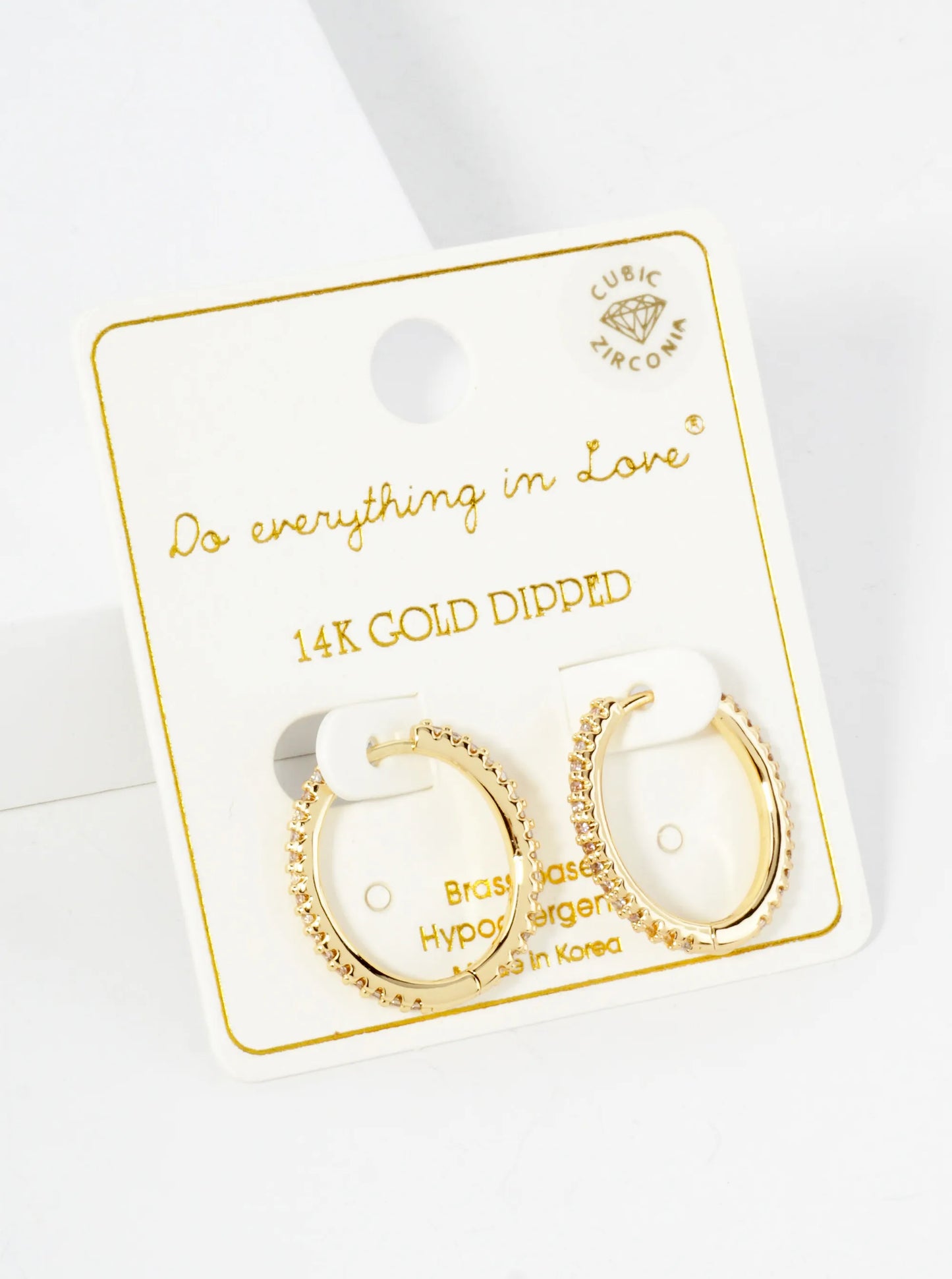 Delicate French-V-Split-Set Cubic-Zirconia Oval Shaped 14K-Gold-Dipped 20mm Brass Hoop Earrings