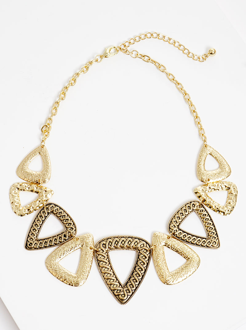 Designer Inspired Multi-Textured Metal Triangle Pendant Necklace Antique gold