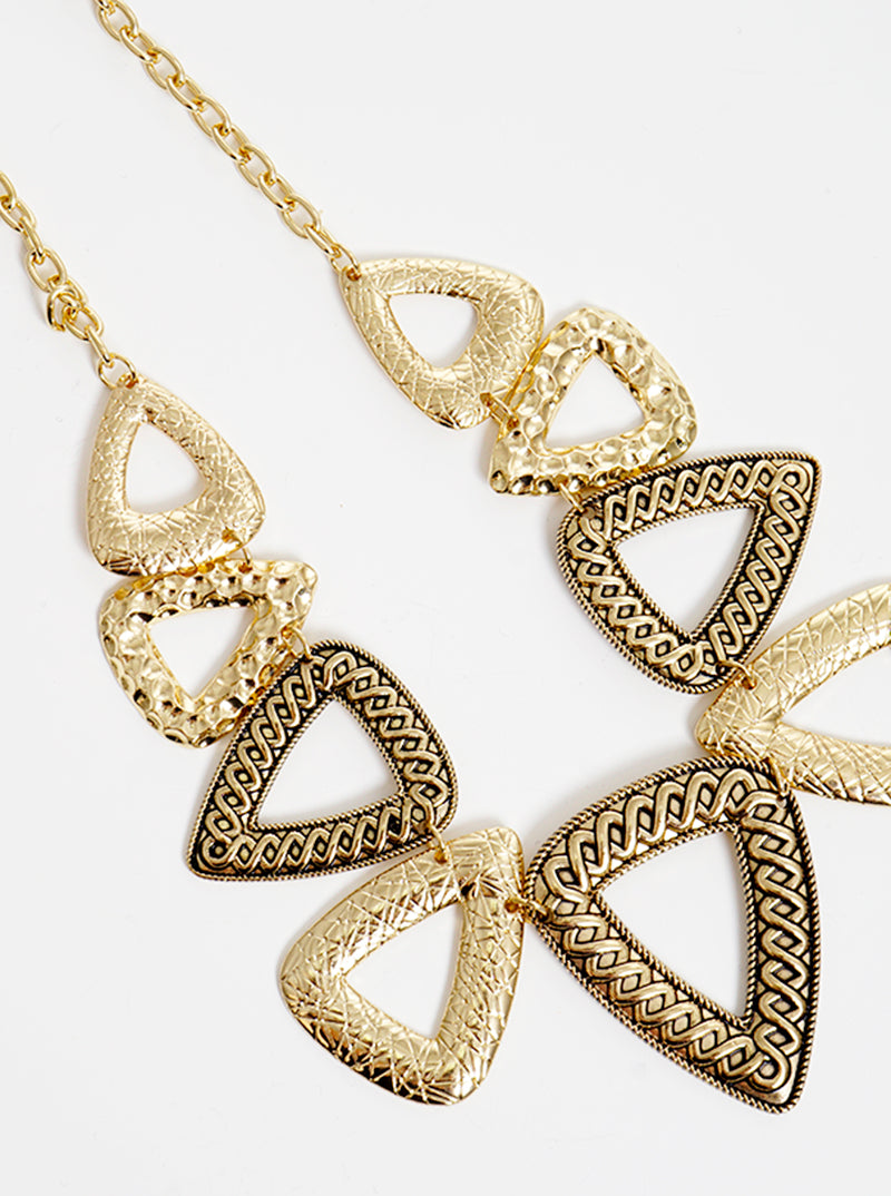 Designer Inspired Multi-Textured Metal Triangle Pendant Necklace