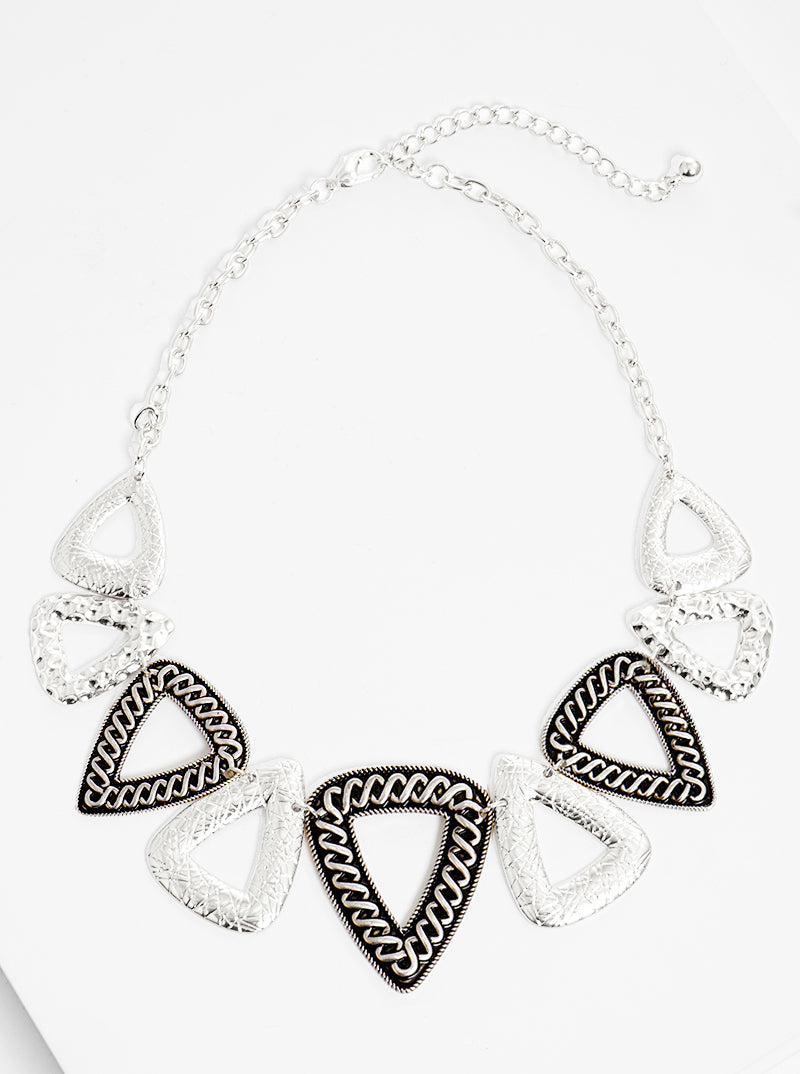 Designer Inspired Multi-Textured Metal Triangle Pendant Necklace