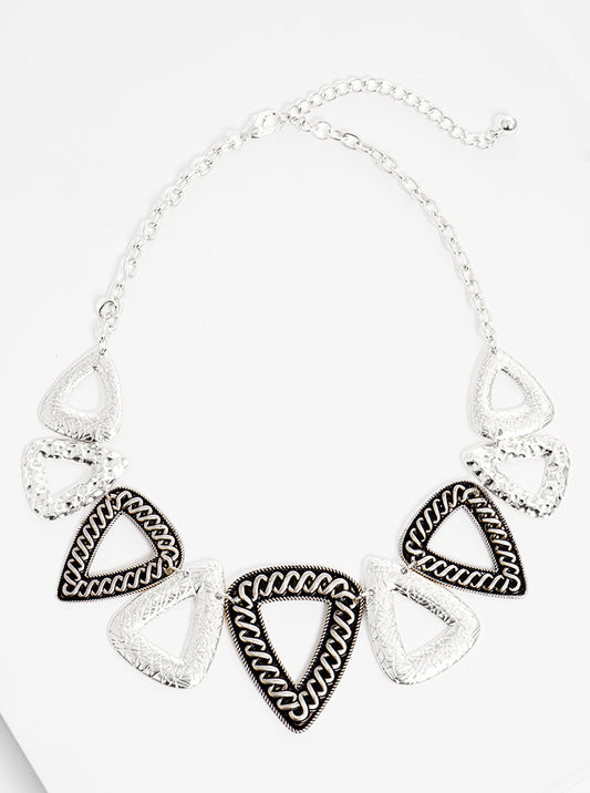 Designer Inspired Multi-Textured Metal Triangle Pendant Necklace