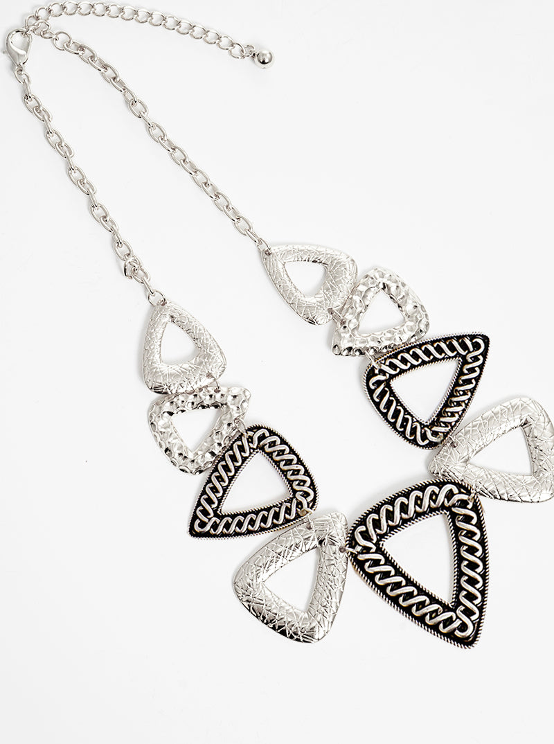 Designer Inspired Multi-Textured Metal Triangle Pendant Necklace