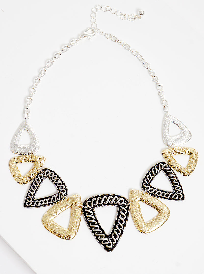 Designer Inspired Multi-Textured Metal Triangle Pendant Necklace