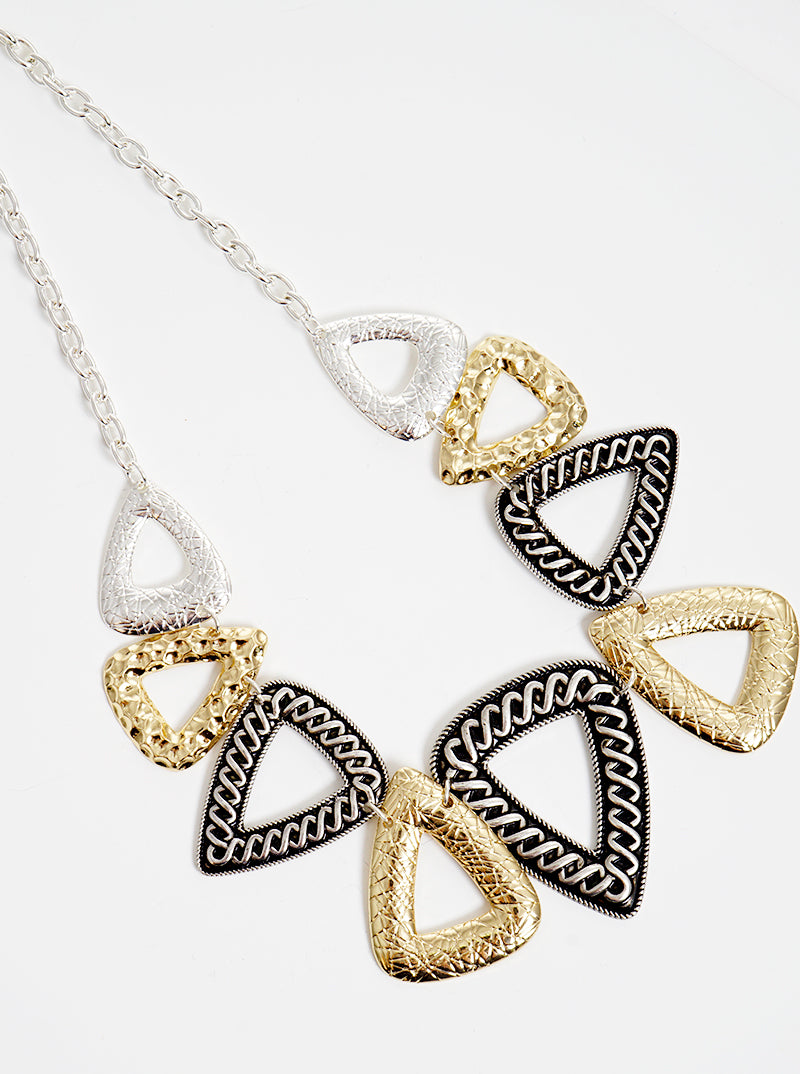 Designer Inspired Multi-Textured Metal Triangle Pendant Necklace