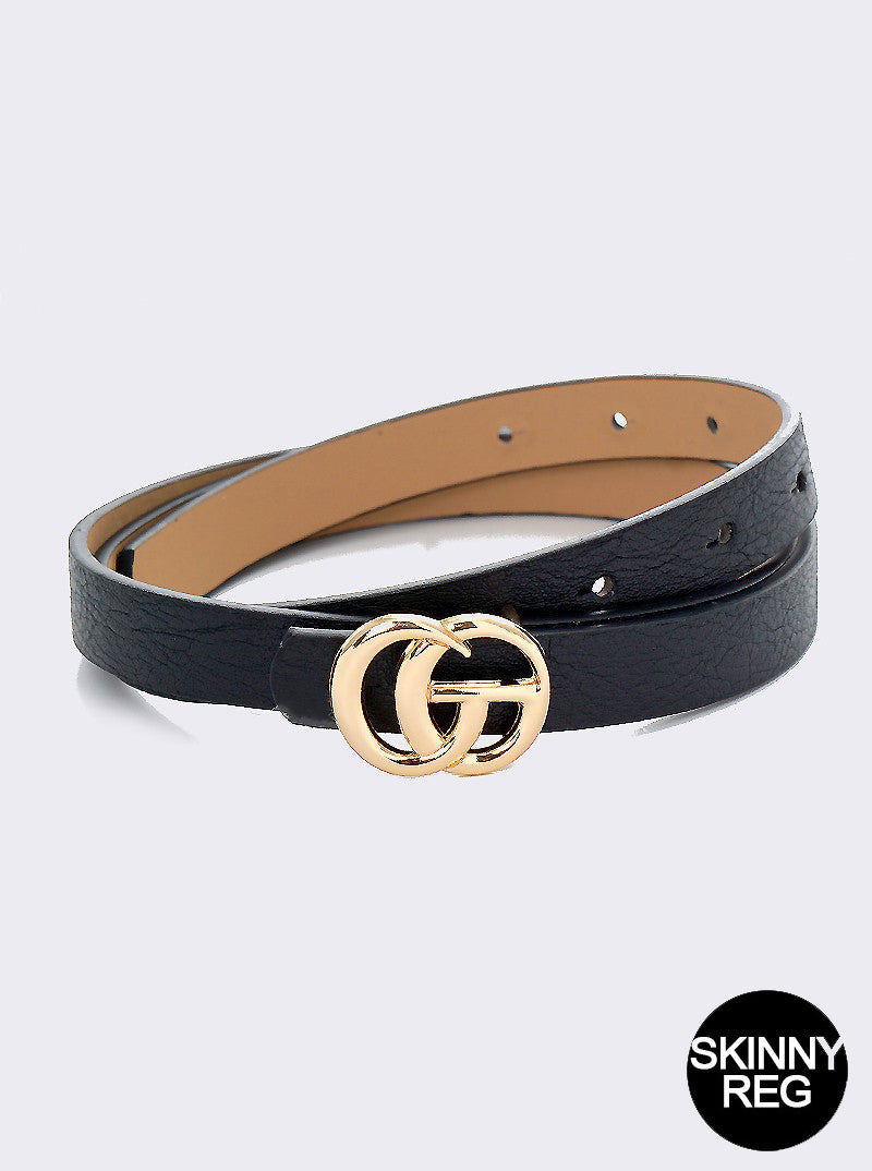Designer Inspired Metal CG Buckle Leatherette Skinny Belt