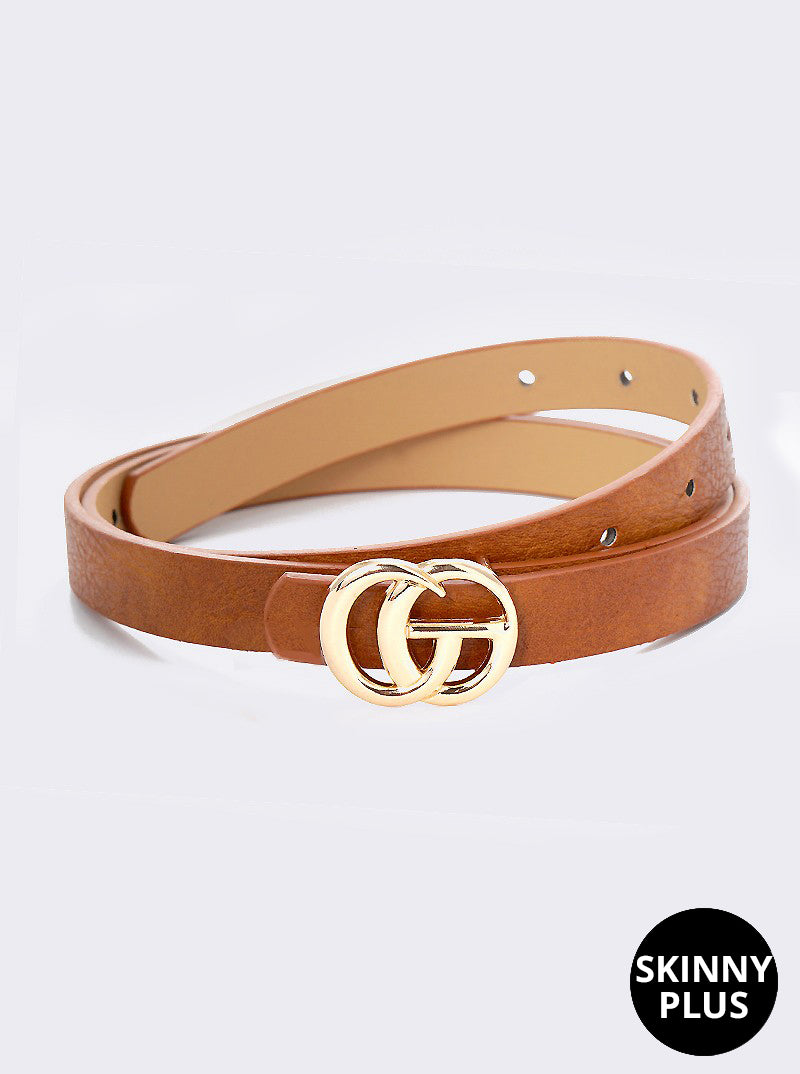 Designer Inspired Metal CG Buckle Leatherette Skinny Belt