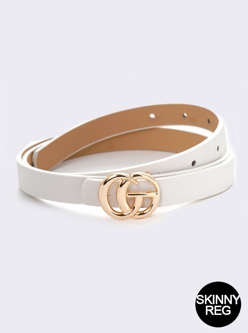 Designer Inspired Metal CG Buckle Leatherette Skinny Belt