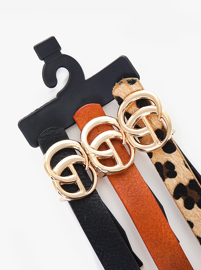 Designer Inspired Metal CG Buckle Leatherette Skinny Belt