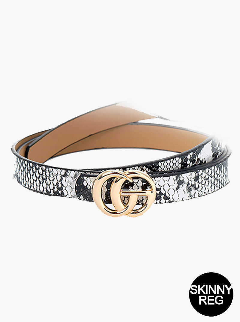 Designer Inspired Metal CG Buckle Leatherette Skinny Belt