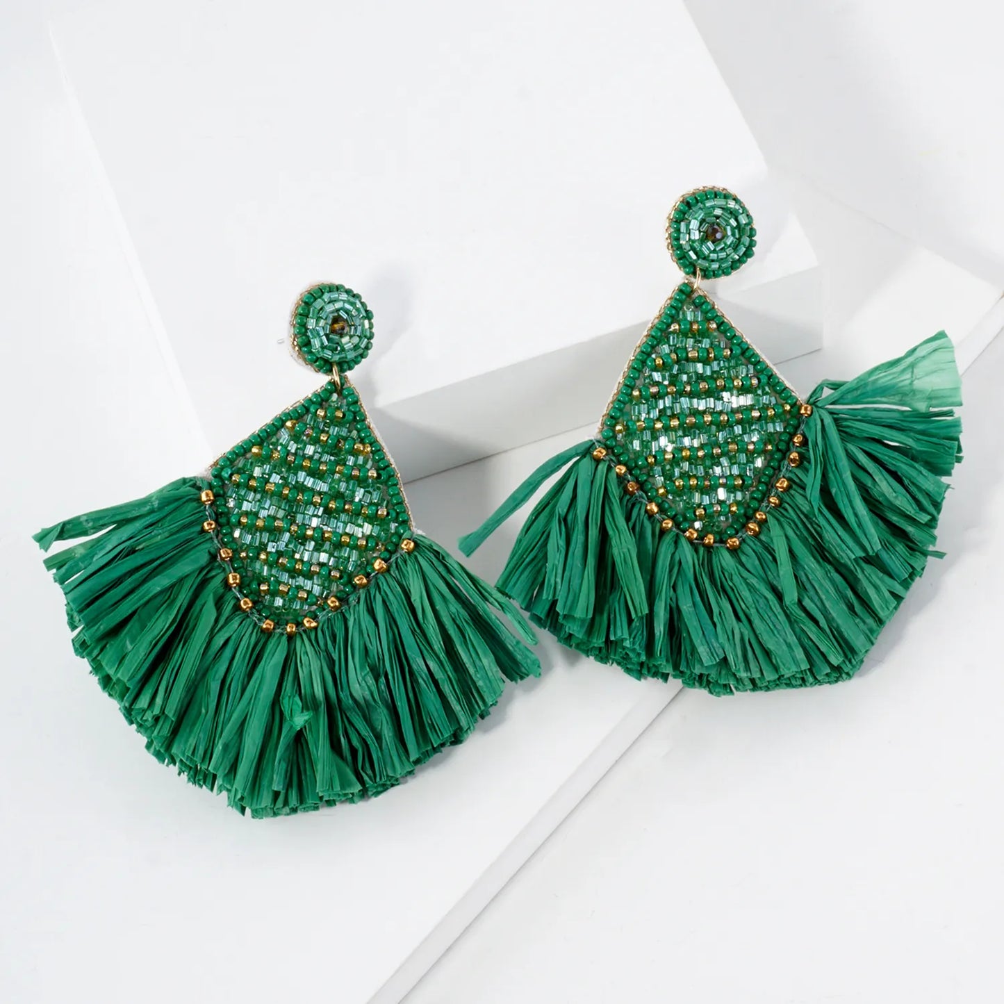 Diamond Shape Raffia Fan Fringe Tassel Statement Earrings