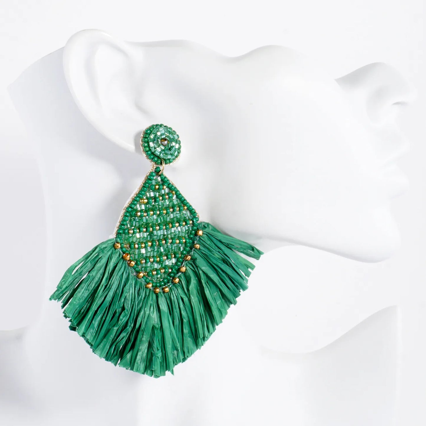 Diamond Shape Raffia Fan Fringe Tassel Statement Earrings