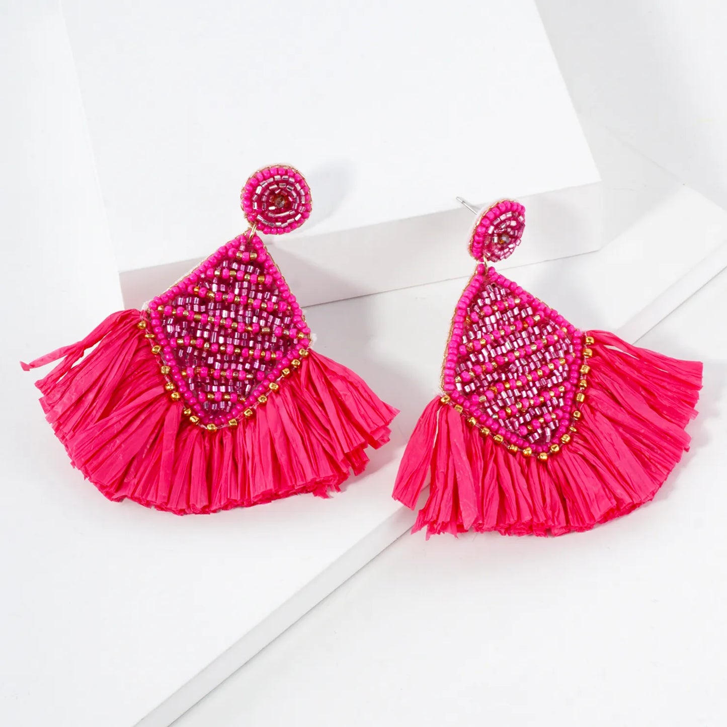Diamond Shape Raffia Fan Fringe Tassel Statement Earrings