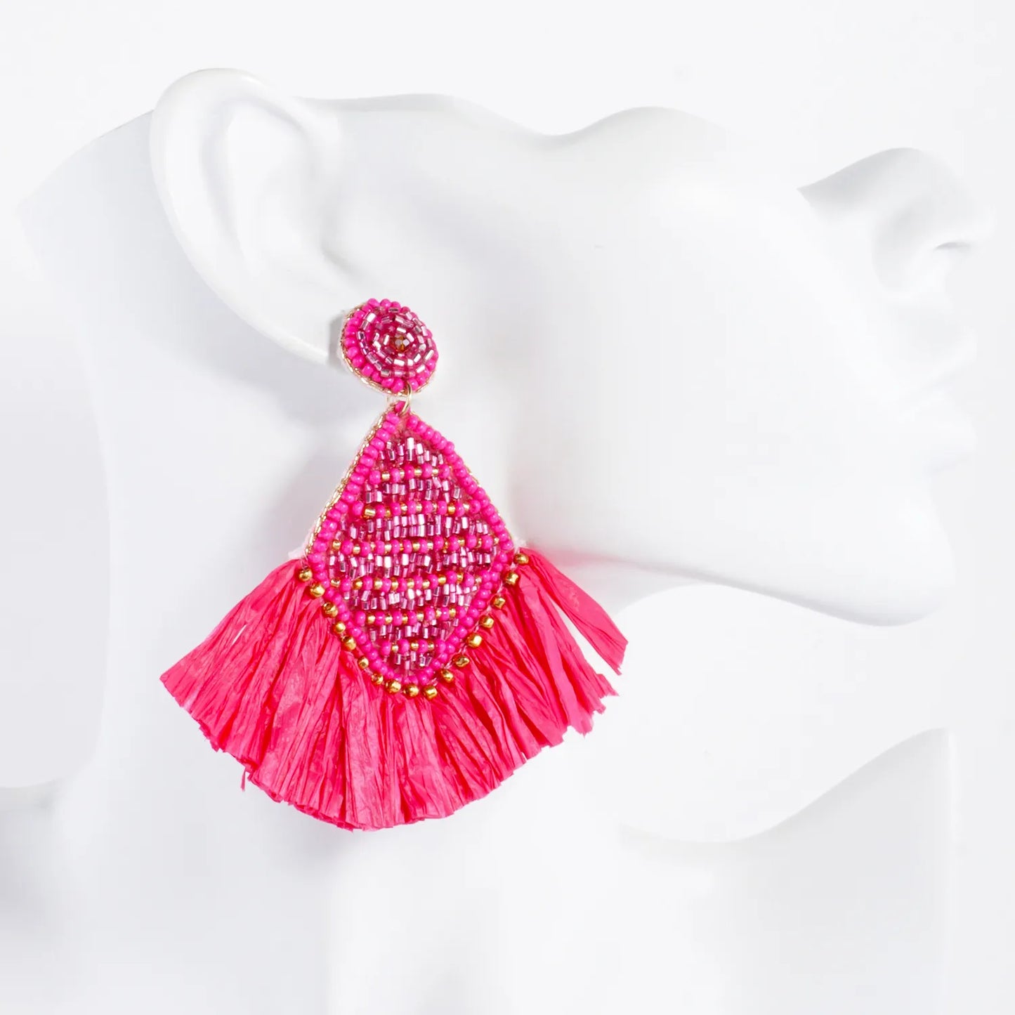 Diamond Shape Raffia Fan Fringe Tassel Statement Earrings